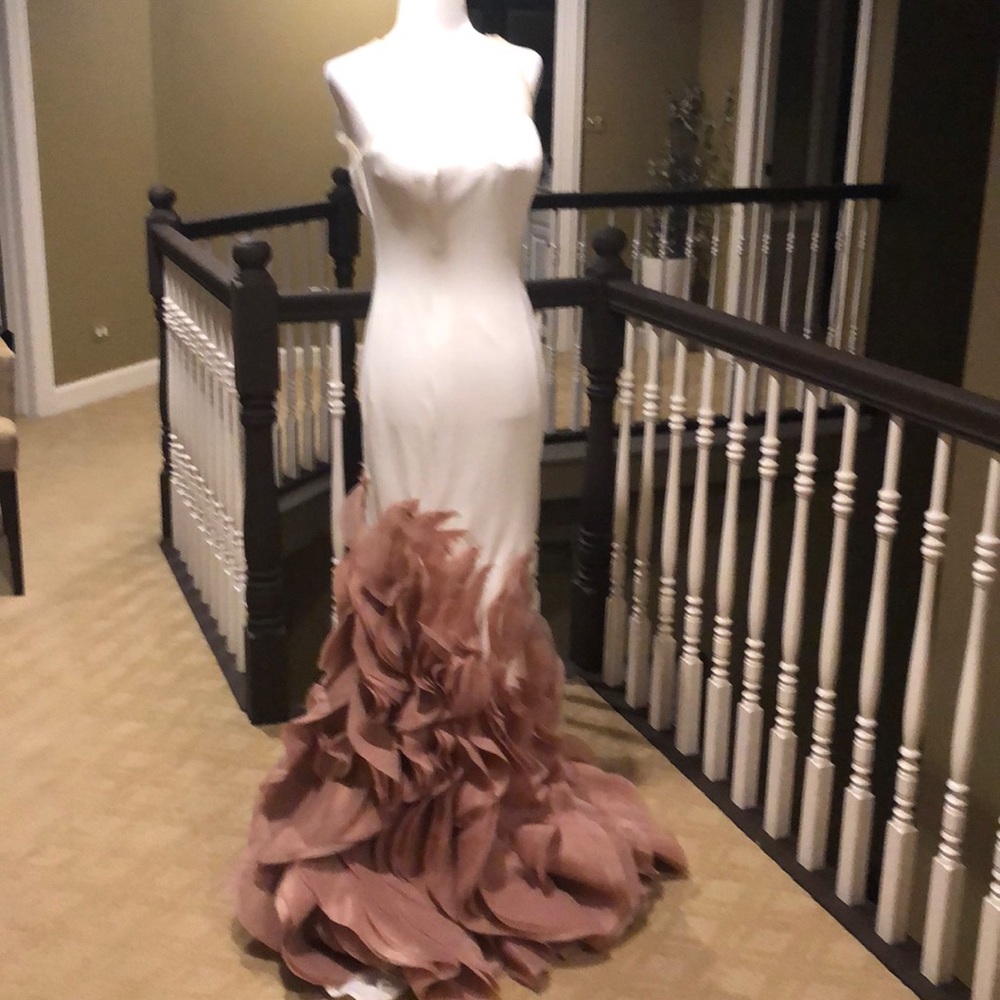 White and dusty pink petal couture gown